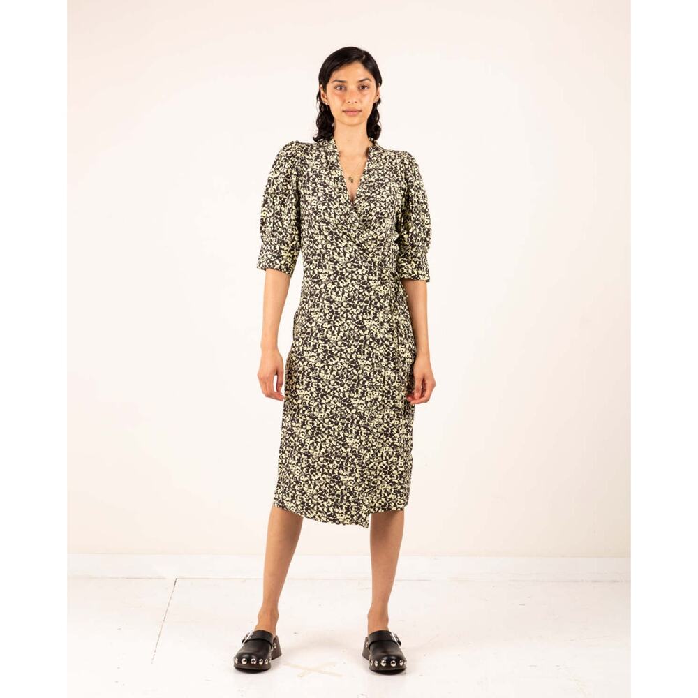 GANNI Womens Size EU 40 (US 8/10) Phantom Yellow Printed Crepe Wrap Midi Dress